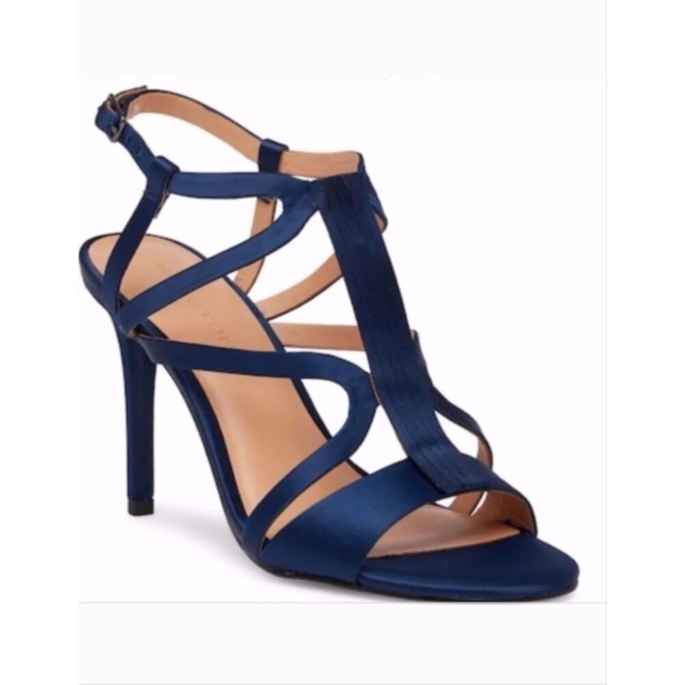 ~ NEW* 10 Halston Heritage Bette Strappy Stiletto Heels Blue Navy Satin Pumps*